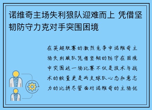 诺维奇主场失利狼队迎难而上 凭借坚韧防守力克对手突围困境