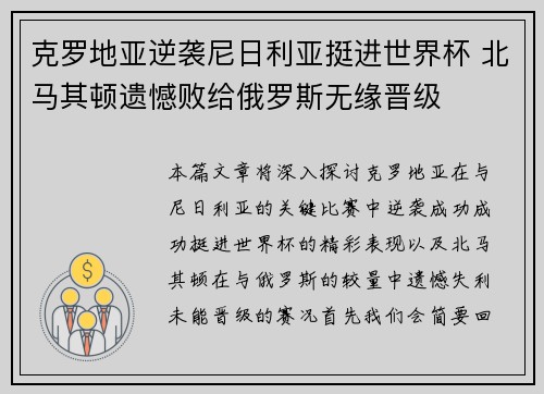 克罗地亚逆袭尼日利亚挺进世界杯 北马其顿遗憾败给俄罗斯无缘晋级