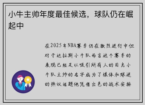 小牛主帅年度最佳候选，球队仍在崛起中