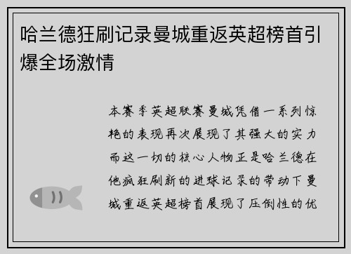 哈兰德狂刷记录曼城重返英超榜首引爆全场激情
